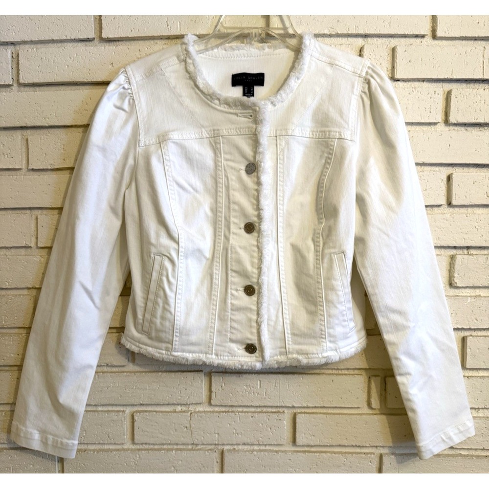 Susan Graver Stretch Denim Button-Front Frayed Jean Jacket White Size Small NWOT